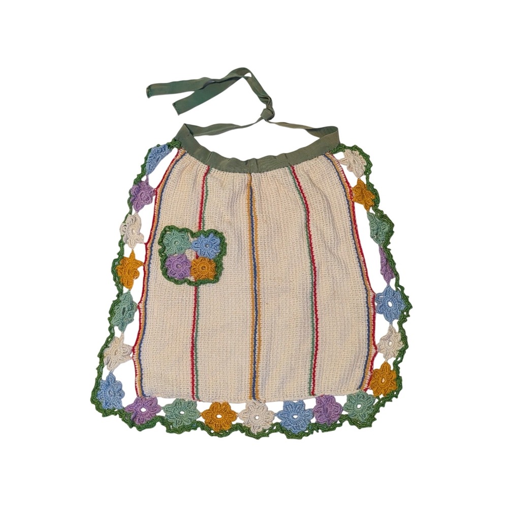 VTG 50s 60s Crochet Flower Half Apron Rainbow Stripe Pocket Cottagecore Kitsch